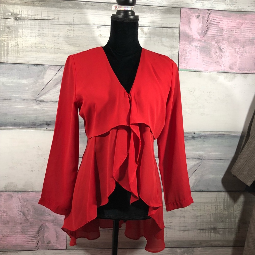 Judy’s Sheer red asymmetric blouse. Med